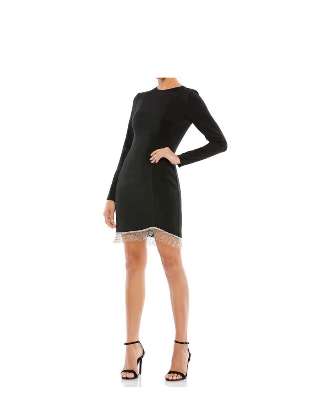 Ieena for Mac Duggal Black Beaded Fringe Dress with Long Sleeves, Size 6
